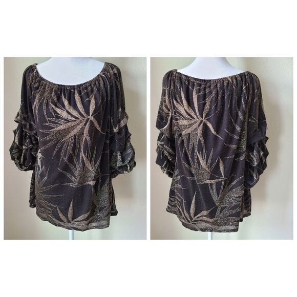 MSK Lined Blouse‎ Medium Glitter Print Floral Off The Shoulder Puffed Sleeves - Picture 2 of 12